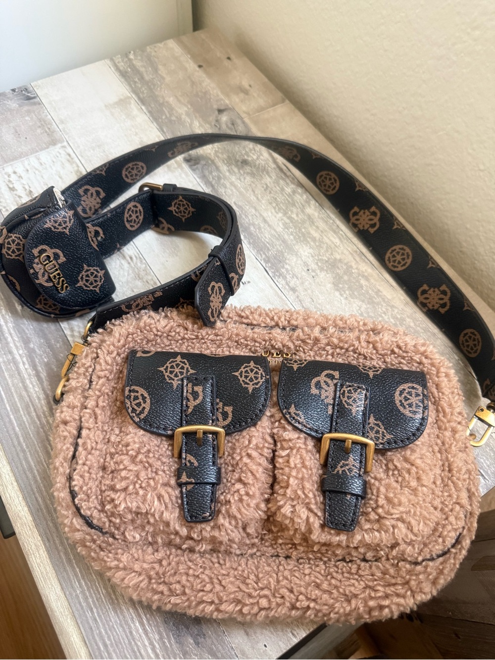 Guess Pink-Tan Sherpa Crossbody with Logo Trim